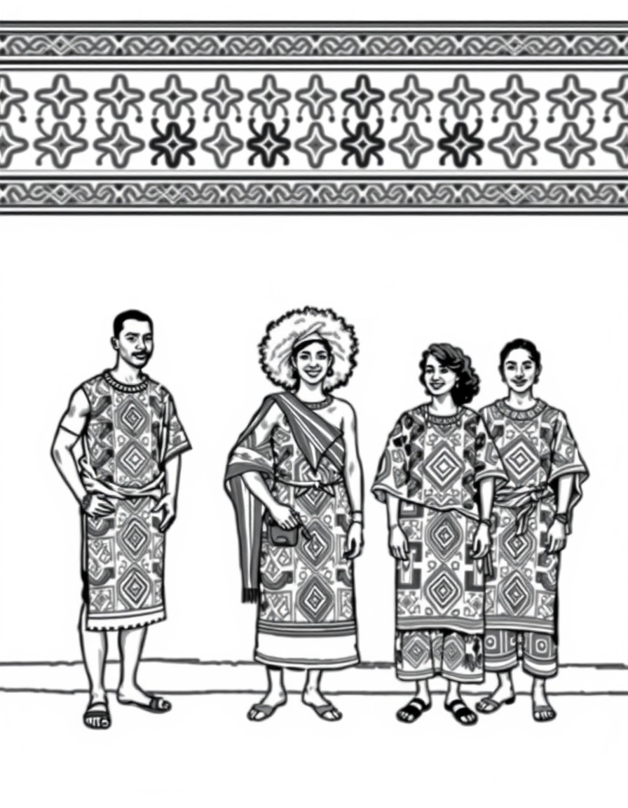 5 African people wearing Kente cloth standing against a wall with the Kente pattern as the background.