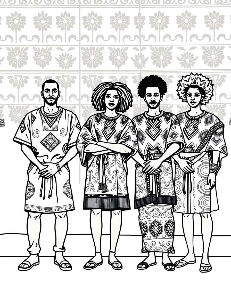 5 African people wearing Kente cloth standing against a wall with the Kente pattern as the background.