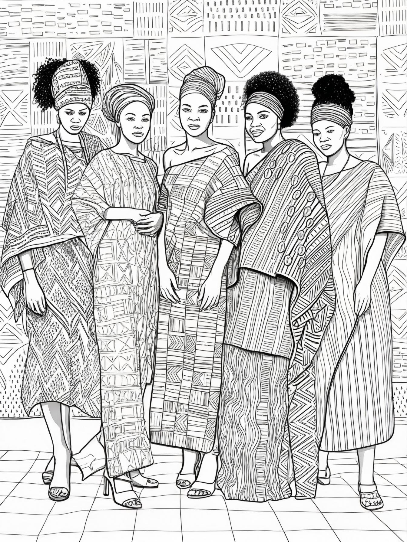 5 African people wearing Kente cloth standing against a wall with the Kente pattern as the background.