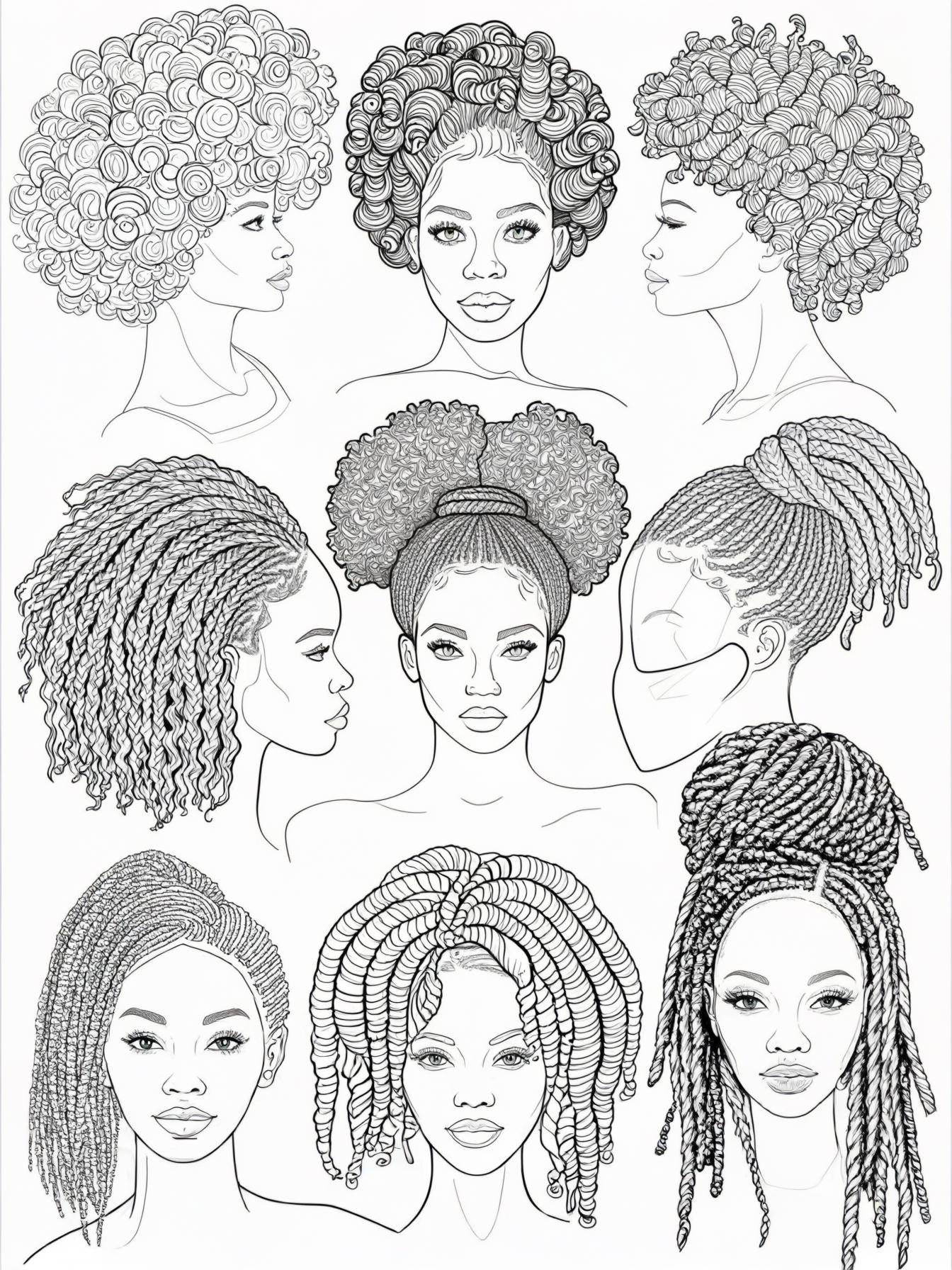 Display the different hair and hairstyles like afros, braids and locs celebrating african american natural beauty.