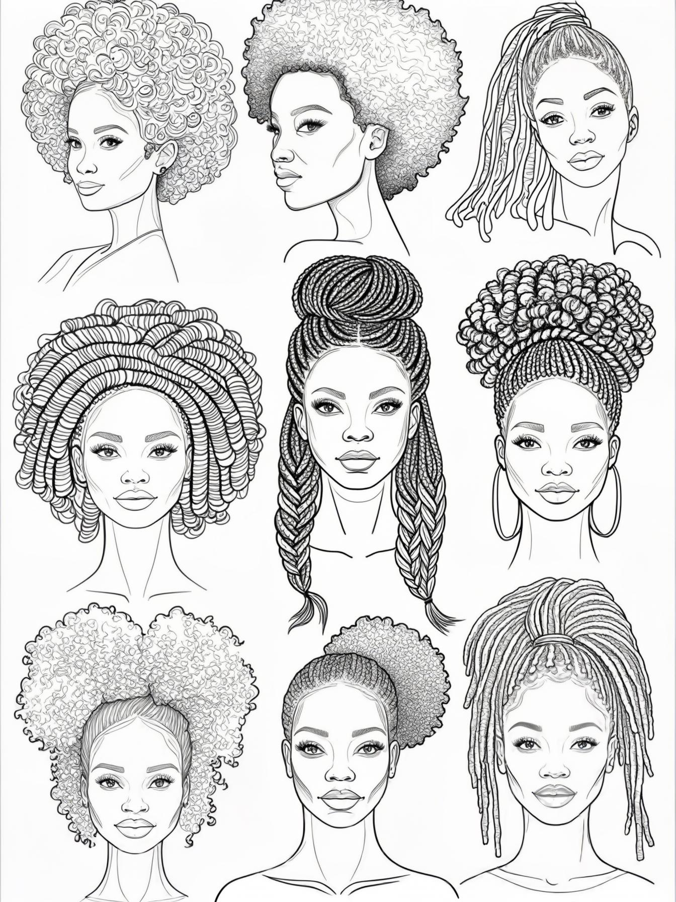 Display the different hair and hairstyles like afros, braids and locs celebrating african american natural beauty.