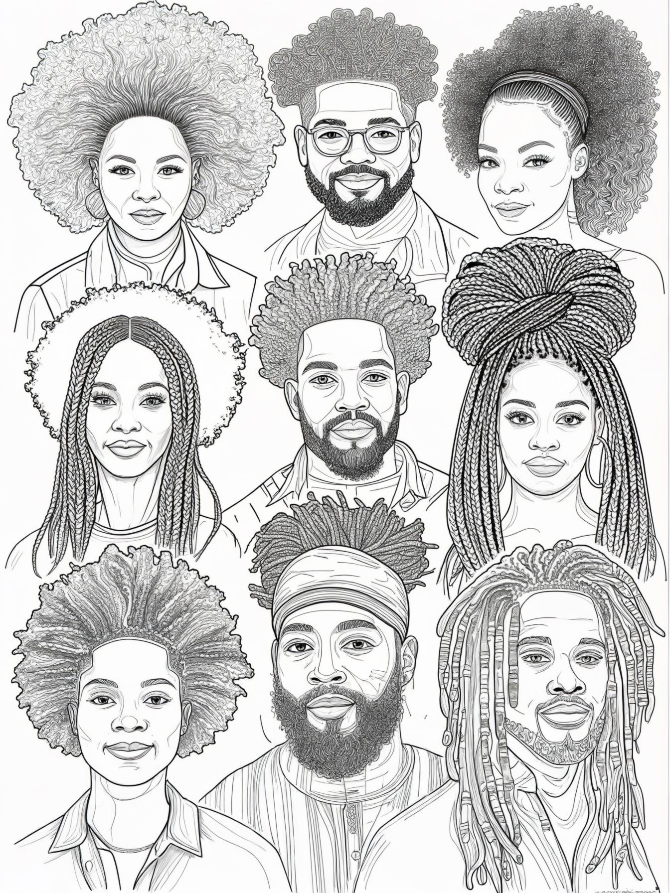 Display men and women the different hair and hairstyles like afros, braids and locs celebrating african american natural beauty.