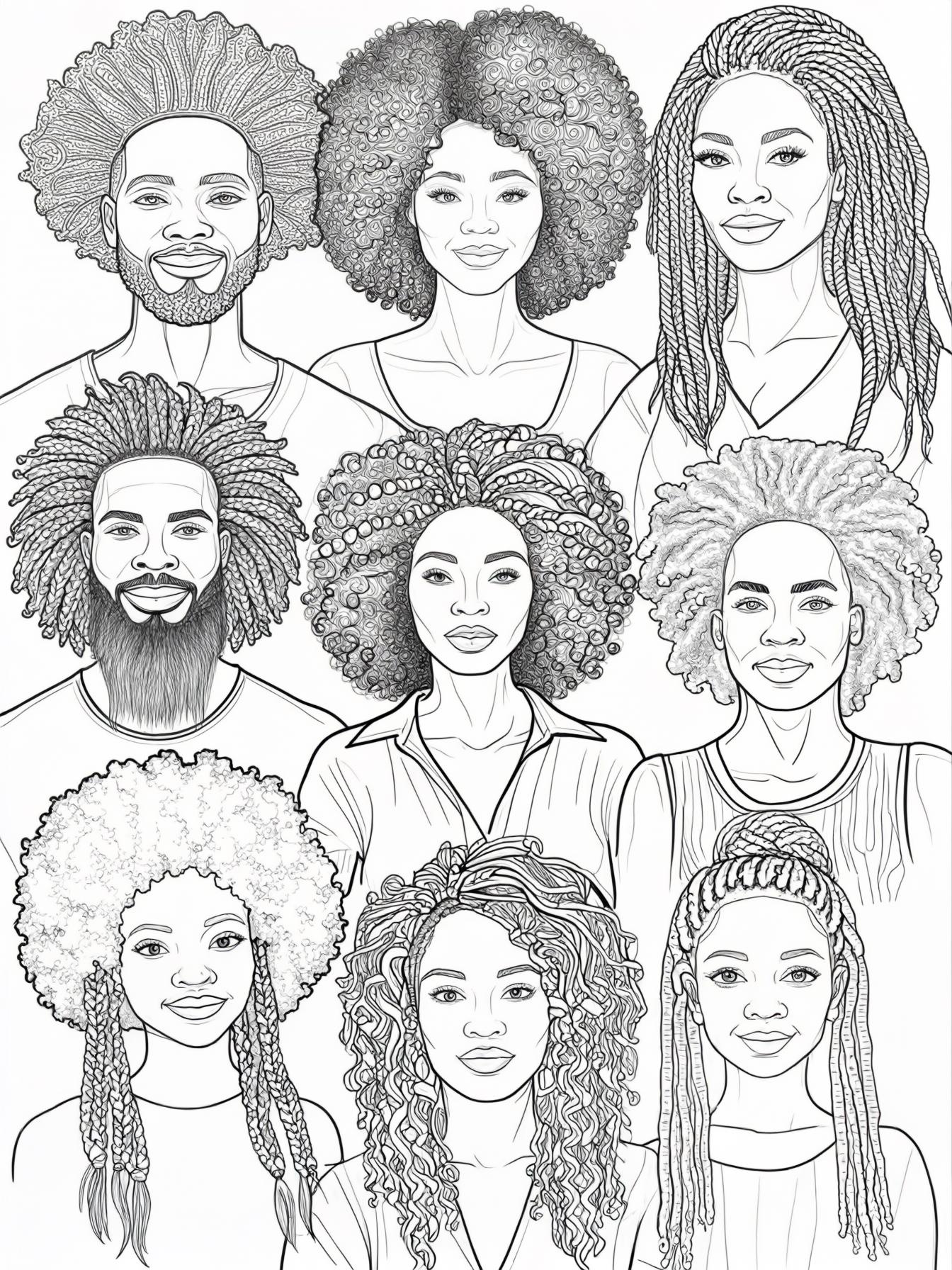 Display men and women the different hair and hairstyles like afros, braids and locs celebrating african american natural beauty.