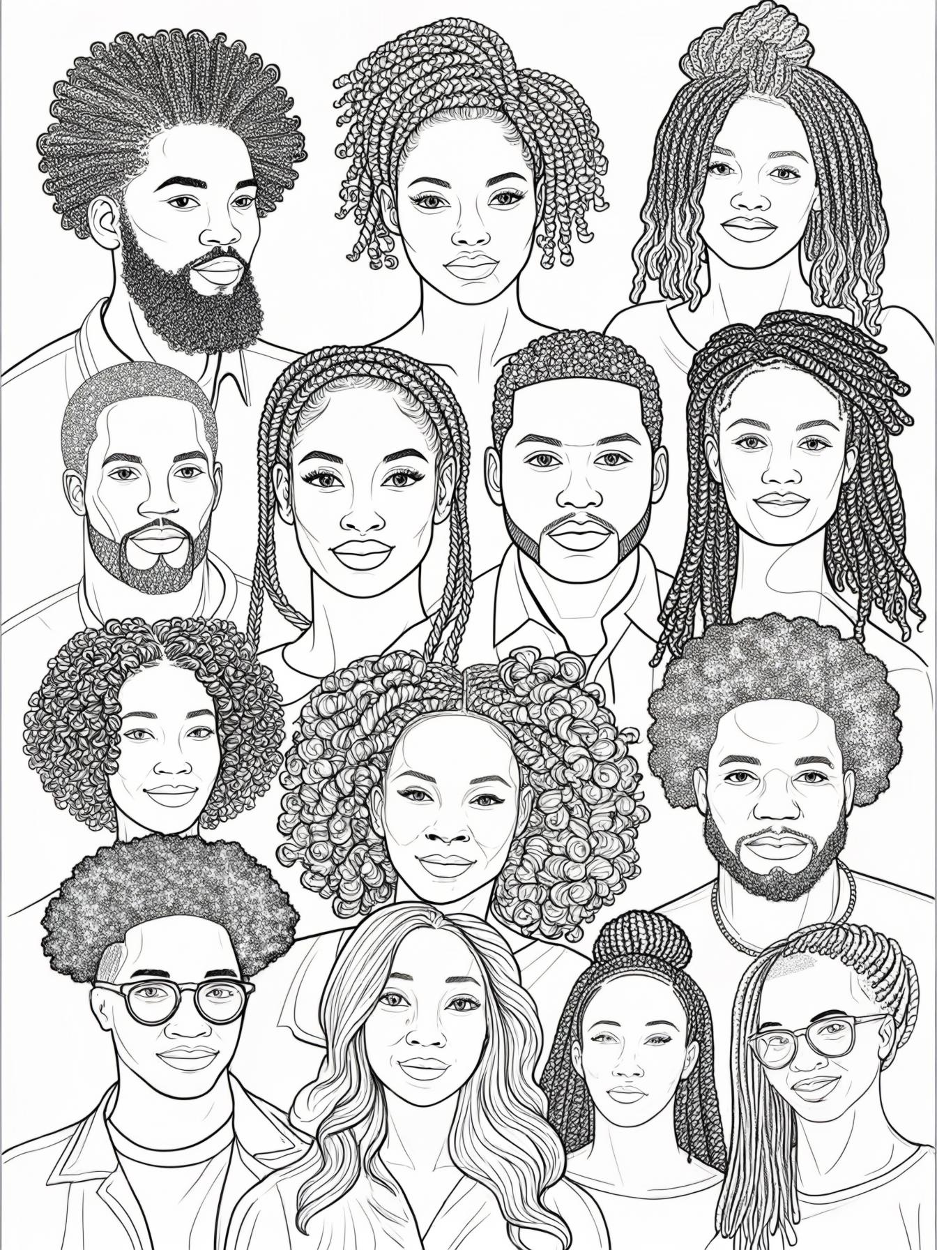 Display men and women the different hair and hairstyles like afros, braids and locs celebrating african american natural beauty.