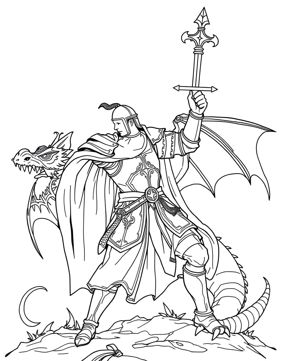 Knight raising sward to fight dragon
