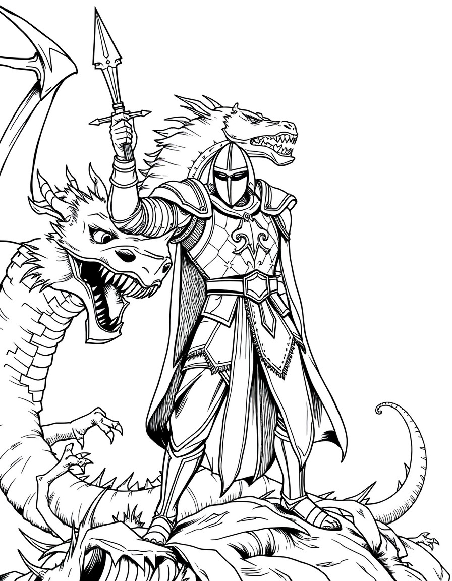 Knight raising sward to fight dragon