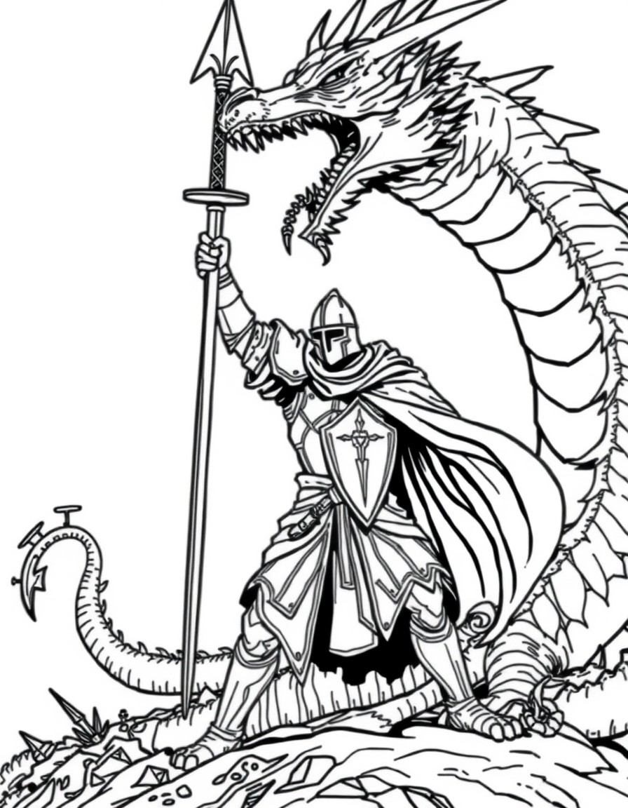 Knight raising sward to fight dragon