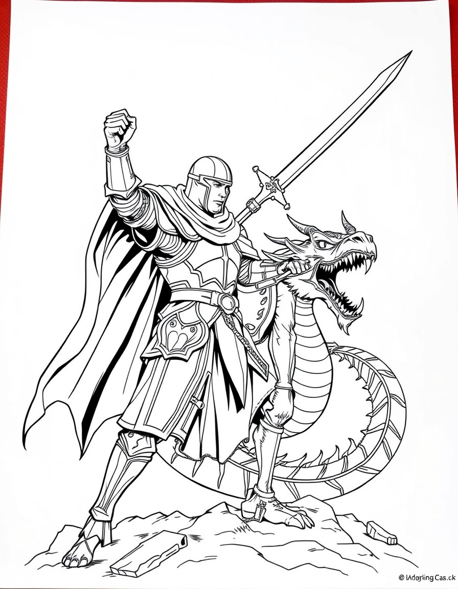 Knight raising sward to fight dragon