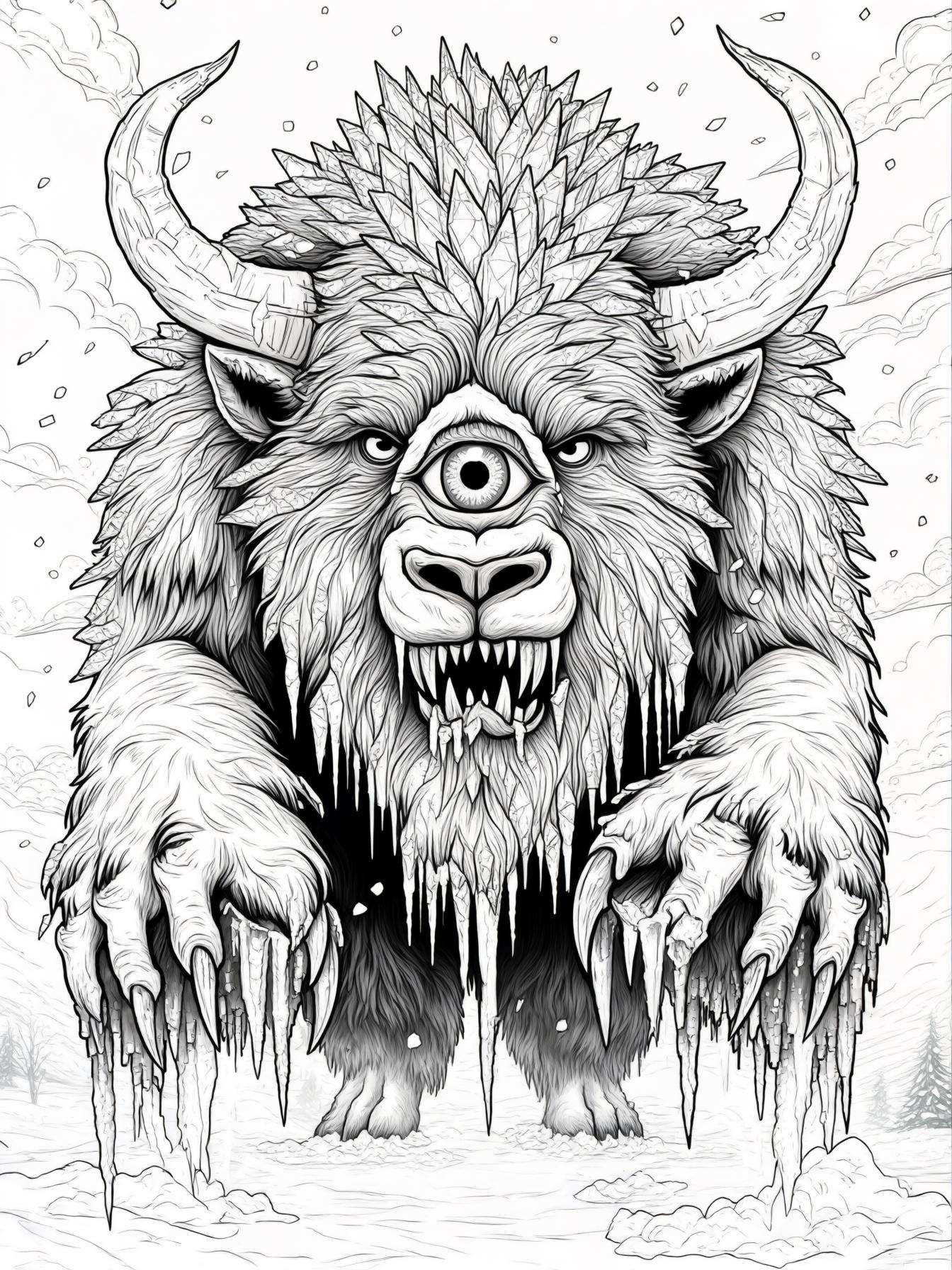 A massive, horned beast with thick, shaggy fur covered in ice crystals. It has one giant eye in the middle of its forehead and sharp icicle-like claws. Its breath forms misty clouds. It roams a frozen