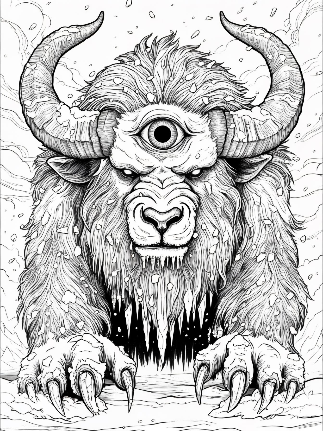 A massive, horned beast with thick, shaggy fur covered in ice crystals. It has one giant eye in the middle of its forehead and sharp icicle-like claws. Its breath forms misty clouds. It roams a frozen