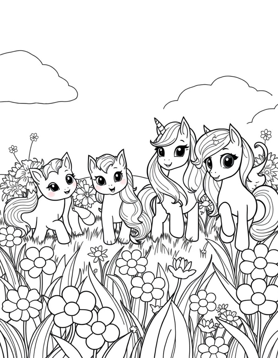 The four superkitties and three little pony unicorns playing in a meadow full of large flowers