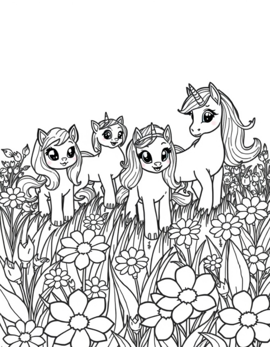 The four superkitties and three little pony unicorns playing in a meadow full of large flowers
