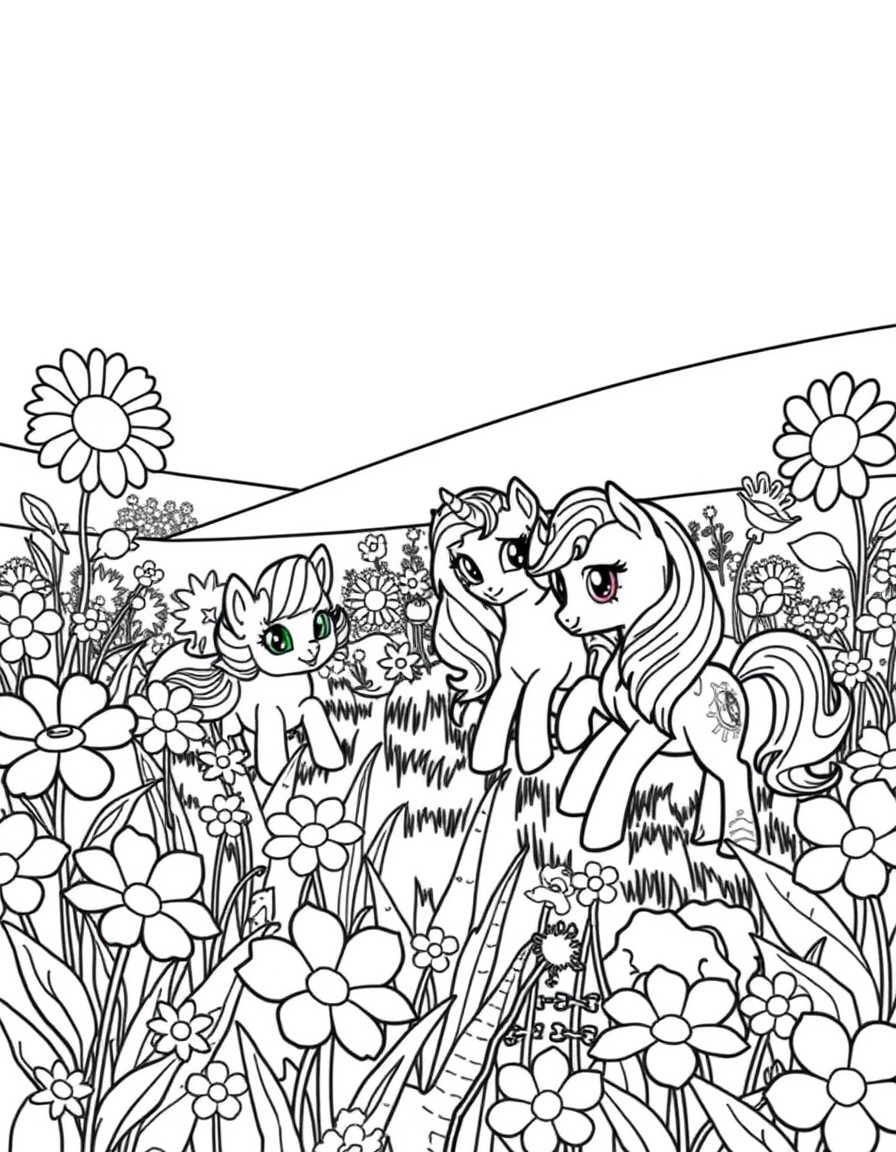 The four superkitties and three little pony unicorns playing in a meadow full of large flowers