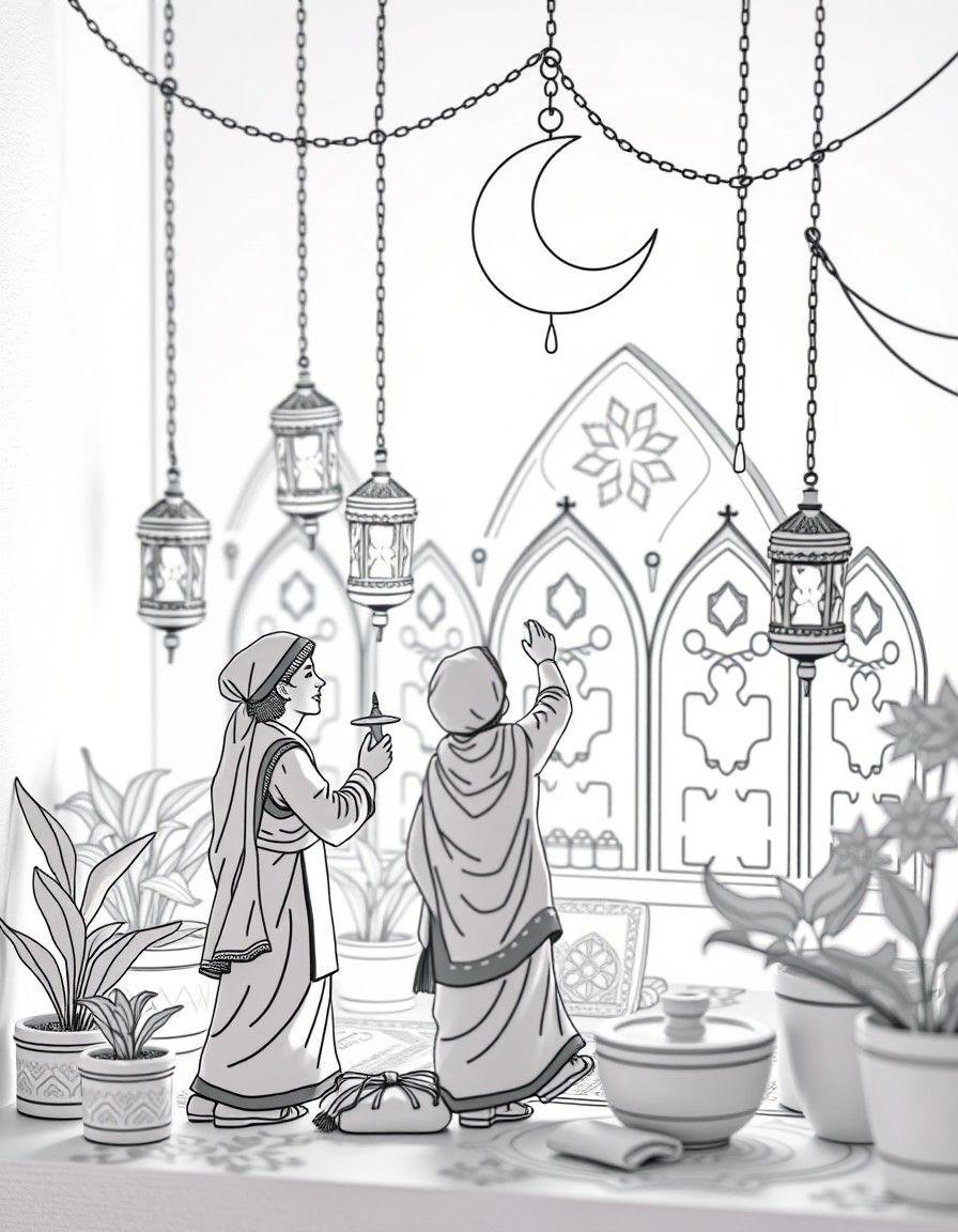 "A team of tiny workers dressed in festive traditional attire, busily preparing for Ramadan in a beautifully decorated miniature setting. Some are hanging glowing crescent moon and star lanterns, whil