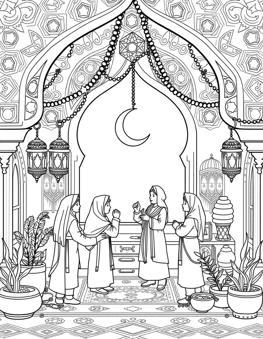 "A team of tiny workers dressed in festive traditional attire, busily preparing for Ramadan in a beautifully decorated miniature setting. Some are hanging glowing crescent moon and star lanterns, whil