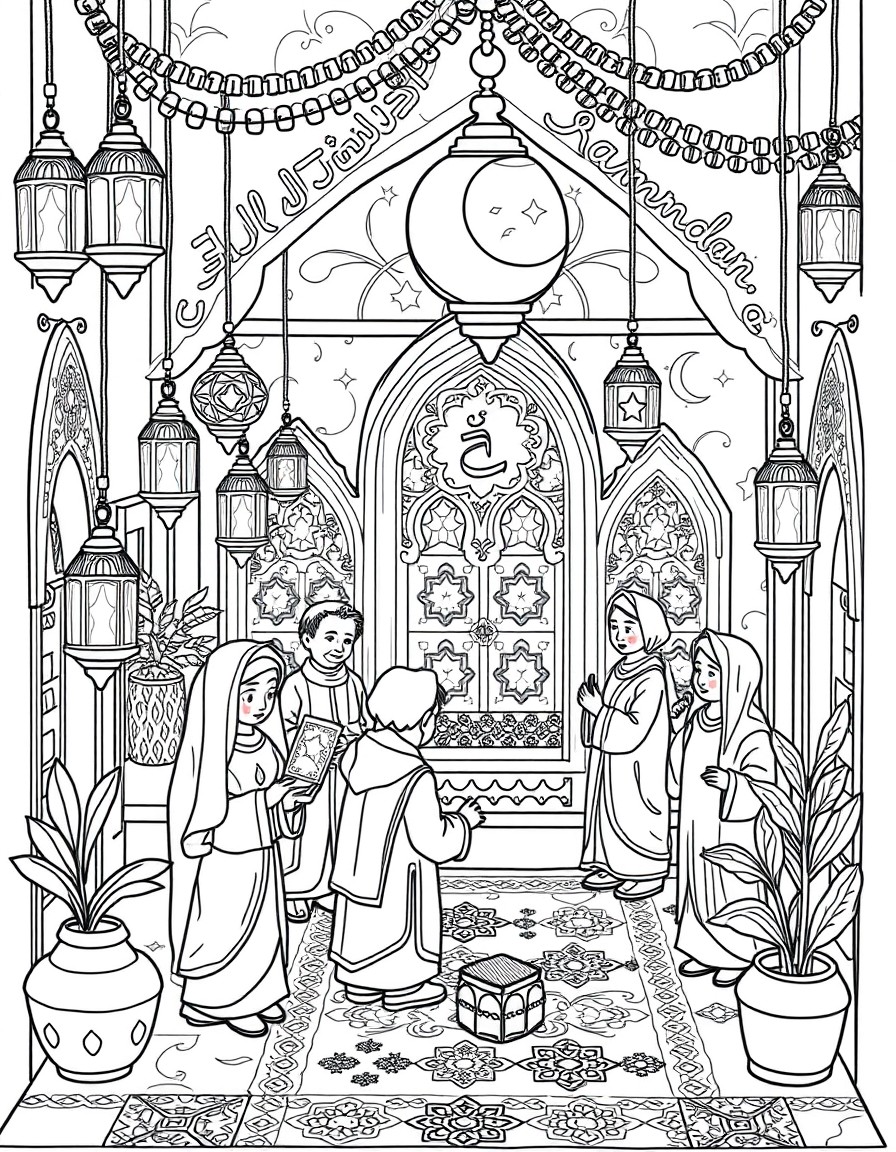 "A team of tiny workers dressed in festive traditional attire, busily preparing for Ramadan in a beautifully decorated miniature setting. Some are hanging glowing crescent moon and star lanterns, whil