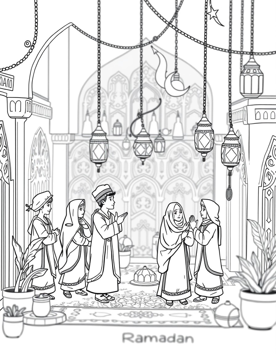 "A team of tiny workers dressed in festive traditional attire, busily preparing for Ramadan in a beautifully decorated miniature setting. Some are hanging glowing crescent moon and star lanterns, whil