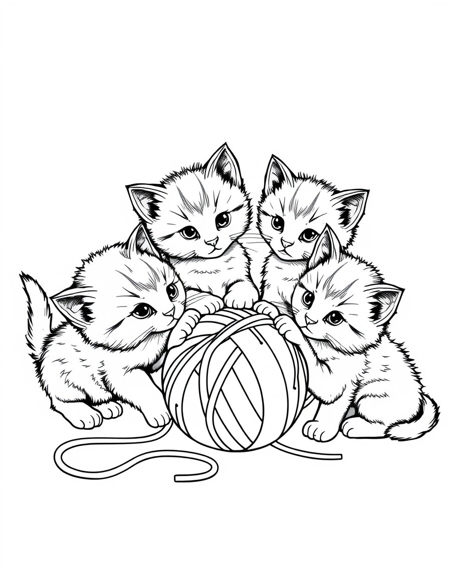 5 kittens playing with a ball of yarn