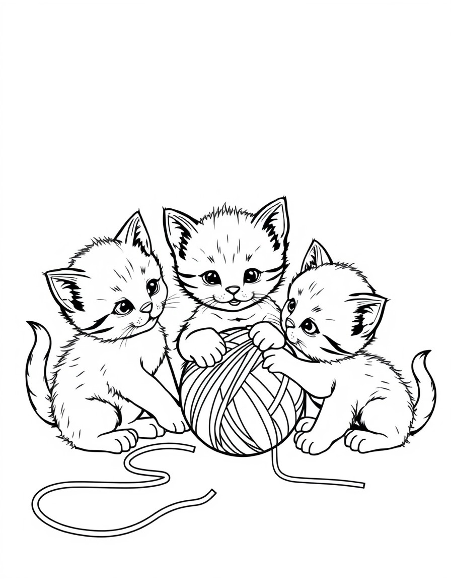 5 kittens playing with a ball of yarn