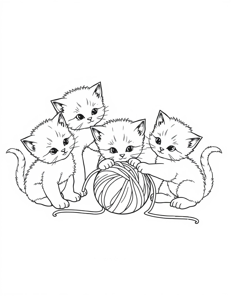 5 kittens playing with a ball of yarn