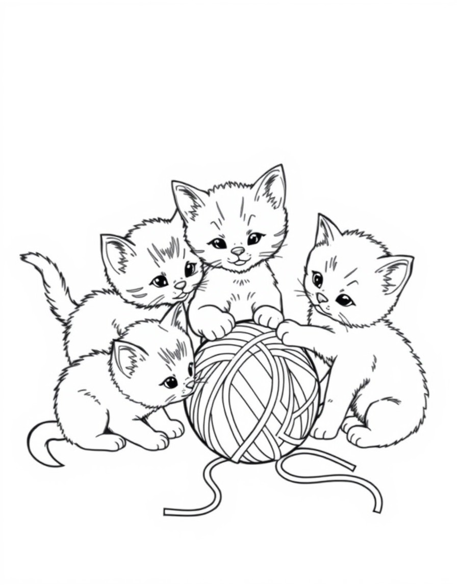 5 kittens playing with a ball of yarn