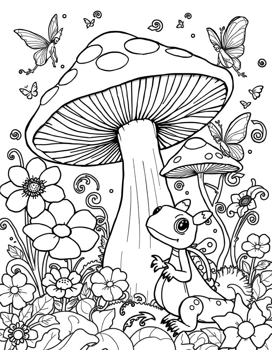 Black and white line art of a magical garden with large, puffy flowers, swirly vines, and a giant toadstool. A few chubby fairies with tiny wings float around, sprinkling fairy dust. A cute baby drago