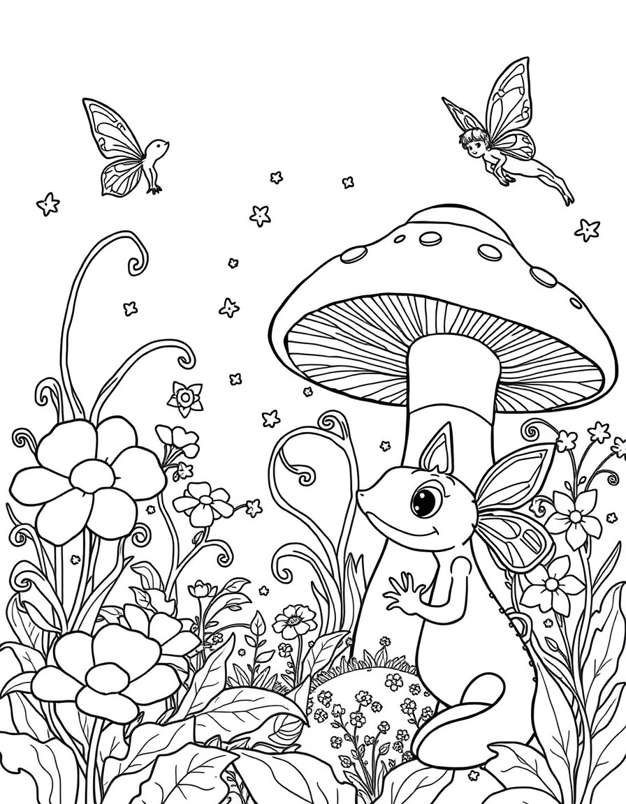 Black and white line art of a magical garden with large, puffy flowers, swirly vines, and a giant toadstool. A few chubby fairies with tiny wings float around, sprinkling fairy dust. A cute baby drago