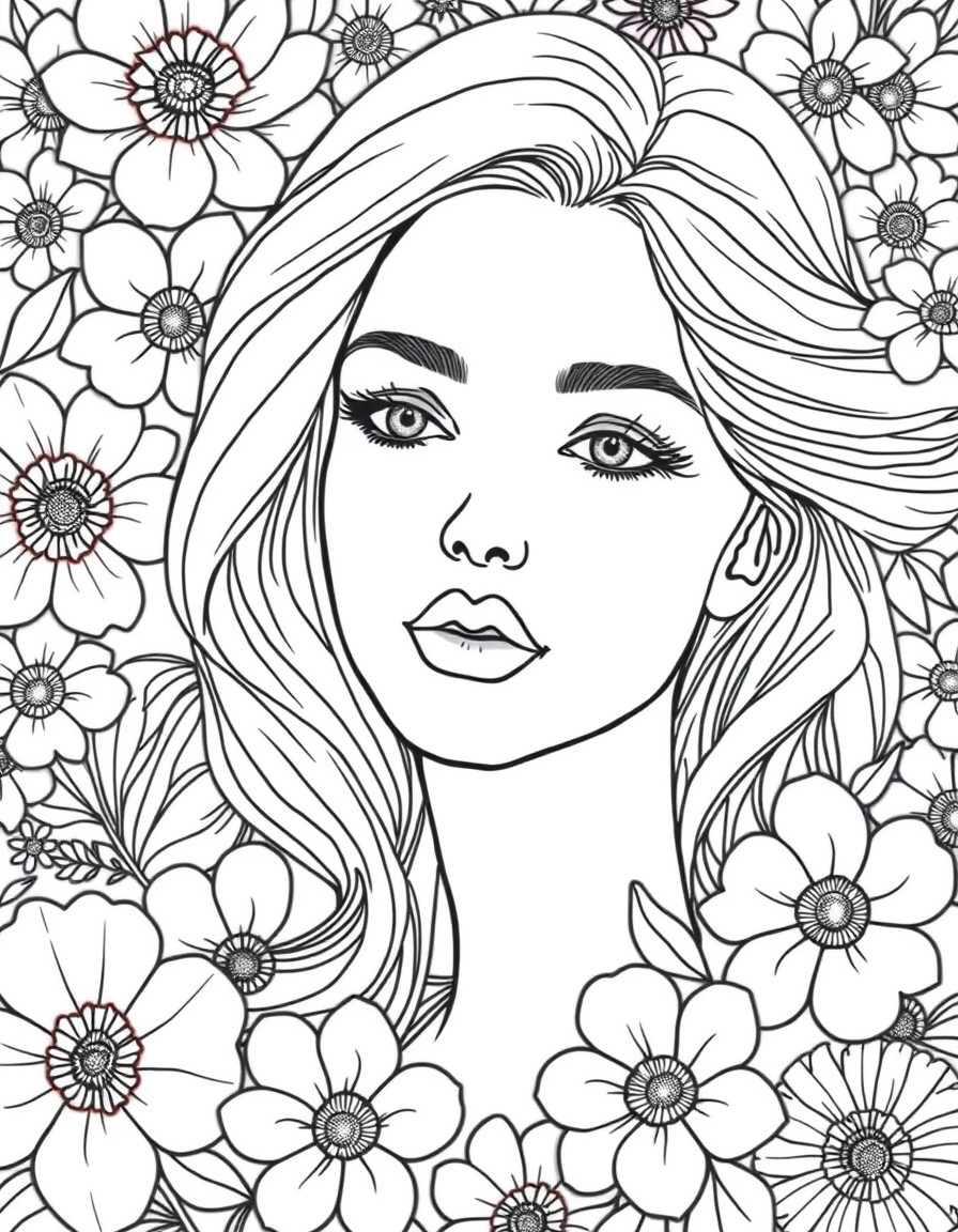 beautiful female face on floral background with a lot of flowers