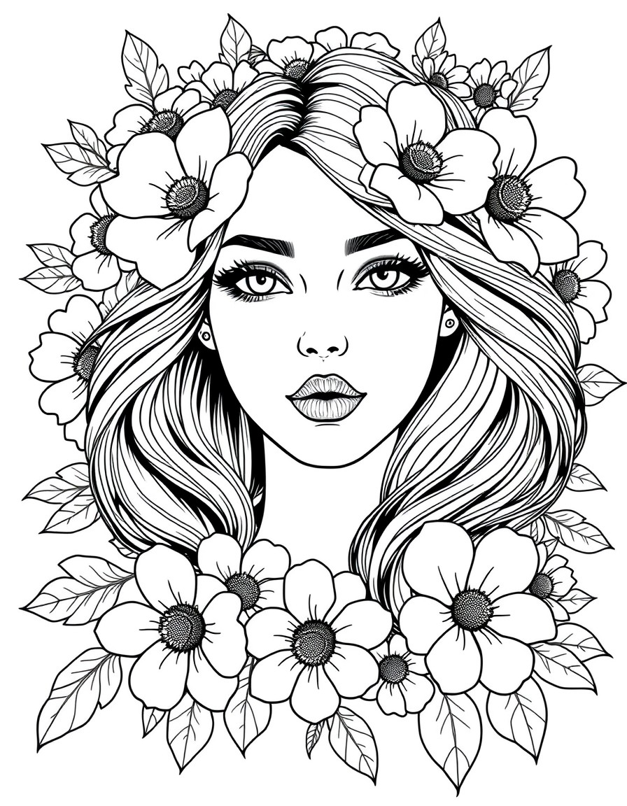 beautiful female face on floral background with a lot of flowers