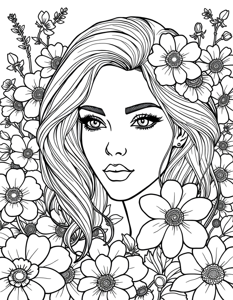 beautiful female face on floral background with a lot of flowers