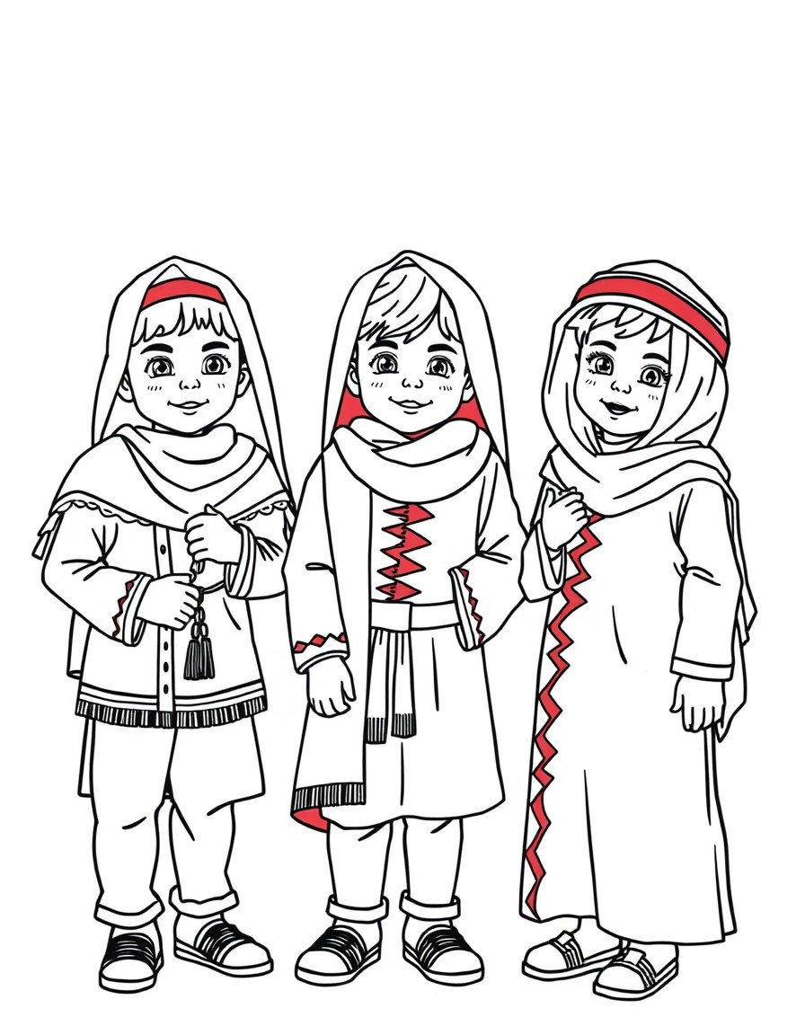 Children playing dress-up in their colorful Qatar national outfits.