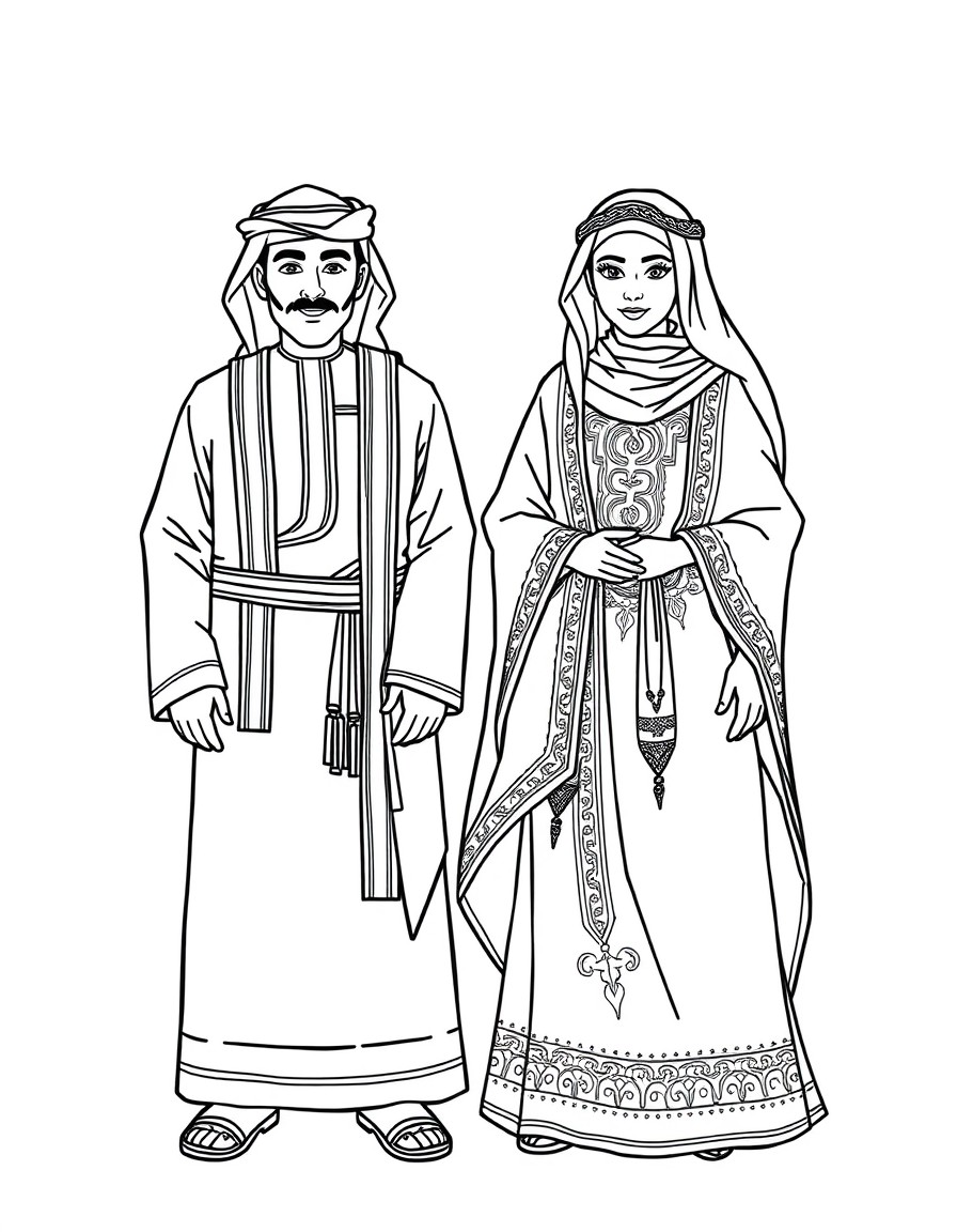 a coloring activity sheet for Traditional male and female qatari clothes for year 3