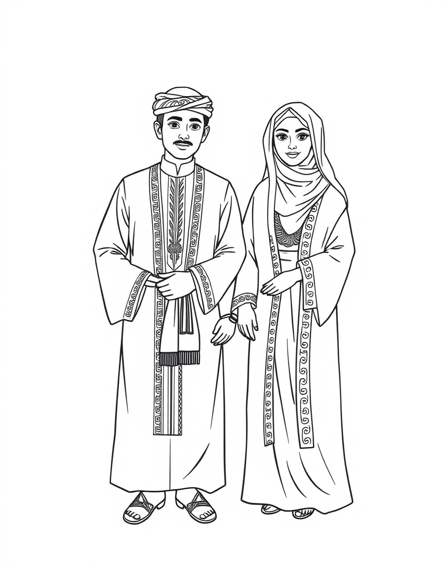 a coloring activity sheet for Traditional male and female qatari clothes for year 3