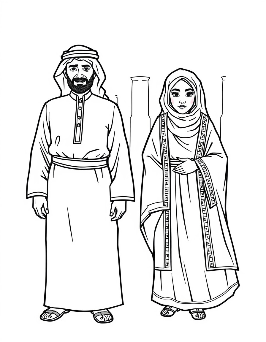 a coloring activity sheet for Traditional male and female qatari clothes for year 3
