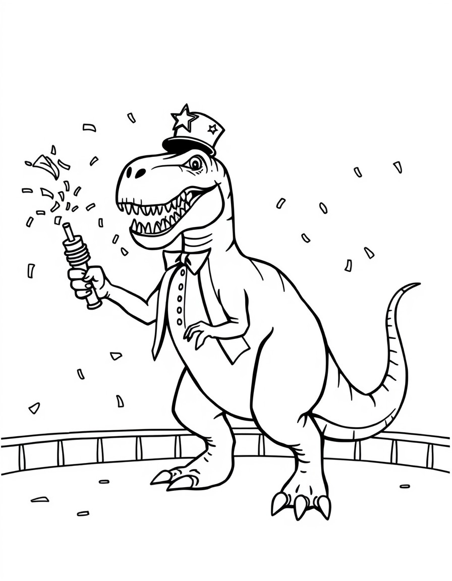 A dinosaur circus ringmaster announcing acts with confetti cannons