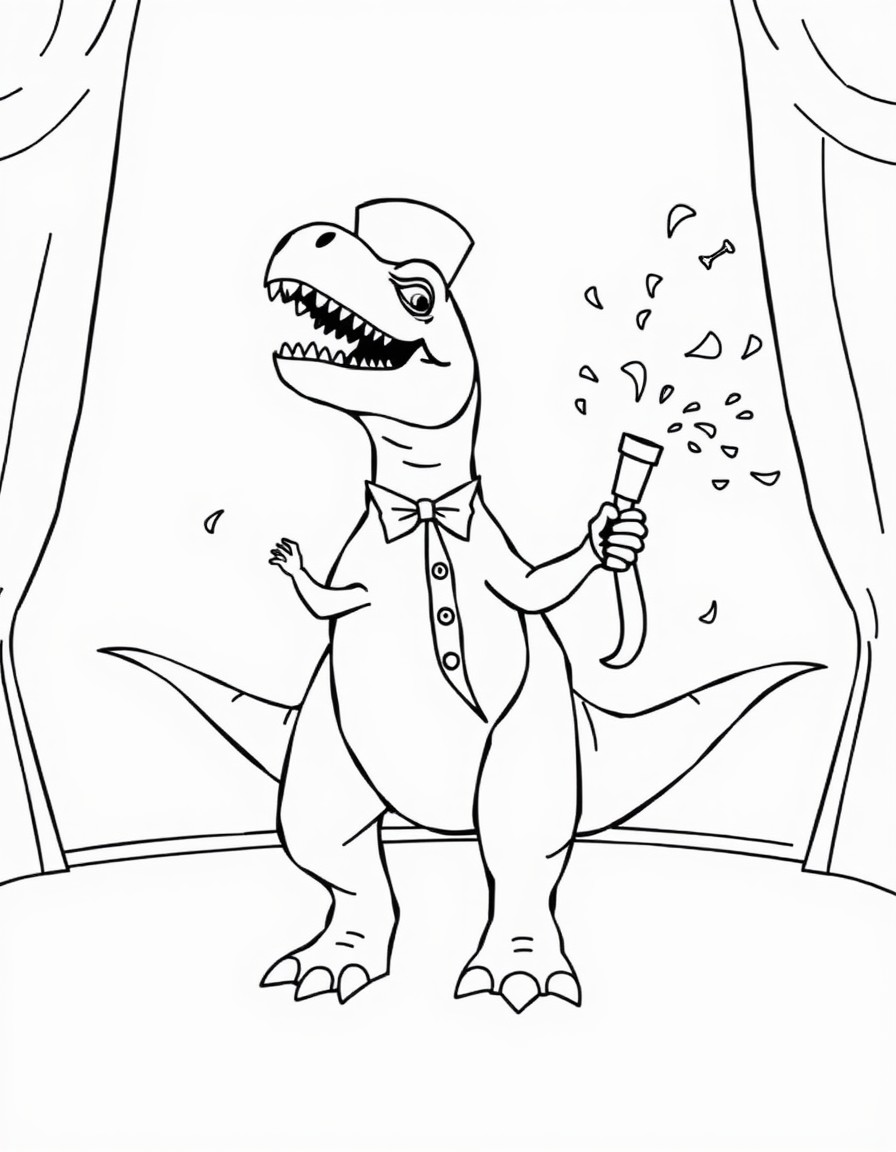 A dinosaur circus ringmaster announcing acts with confetti cannons