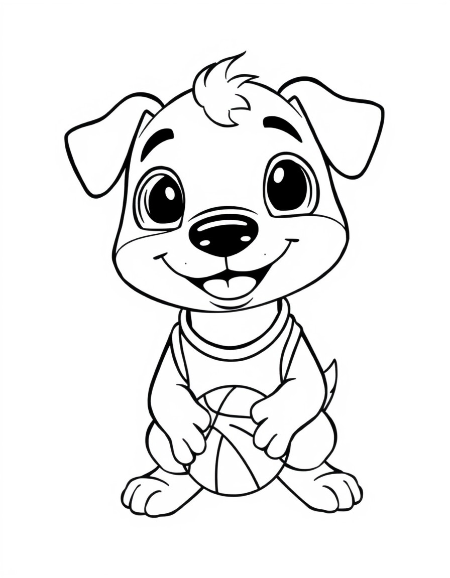 A cute cartoon-style dog playing basketball designed for kids' coloring books. The dog is smiling and has big friendly eyes wearing a sports jersey with a basketball in its paws. The scene includes a