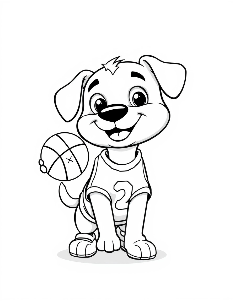 A cute cartoon-style dog playing basketball designed for kids' coloring books. The dog is smiling and has big friendly eyes wearing a sports jersey with a basketball in its paws. The scene includes a