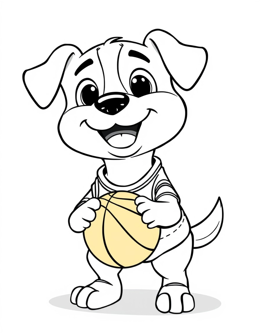 A cute cartoon-style dog playing basketball designed for kids' coloring books. The dog is smiling and has big friendly eyes wearing a sports jersey with a basketball in its paws. The scene includes a