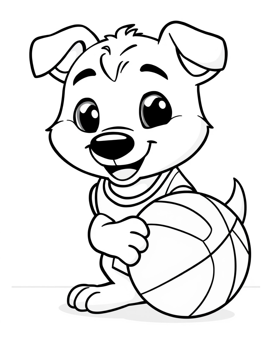 A cute cartoon-style dog playing basketball designed for kids' coloring books. The dog is smiling and has big friendly eyes wearing a sports jersey with a basketball in its paws. The scene includes a