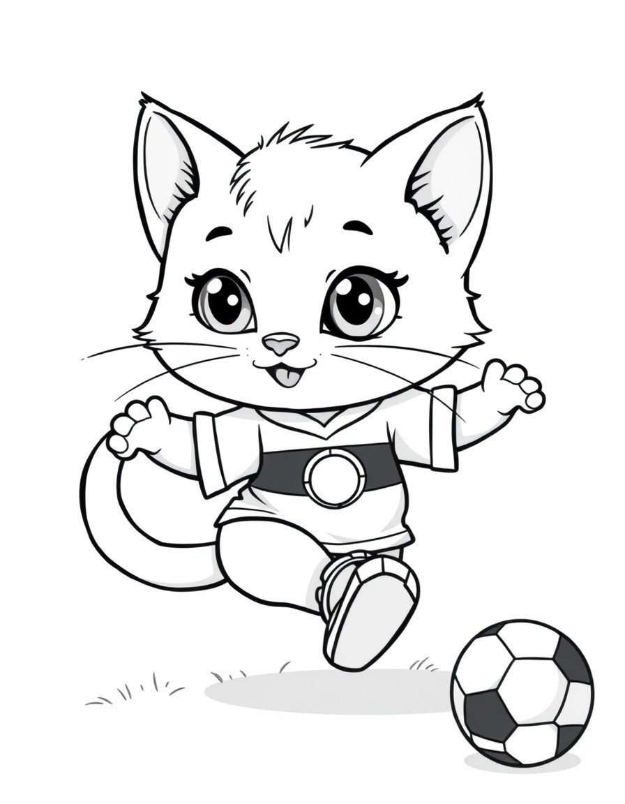 A cute cartoon-style kitten playing soccer designed for kids' coloring books. The kitten is cheerful and expressive with big friendly eyes and a playful pose wearing a small sports jersey with a socce