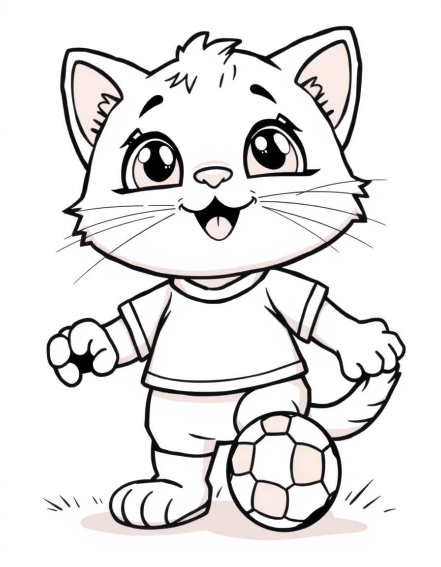 A cute cartoon-style kitten playing soccer designed for kids' coloring books. The kitten is cheerful and expressive with big friendly eyes and a playful pose wearing a small sports jersey with a socce