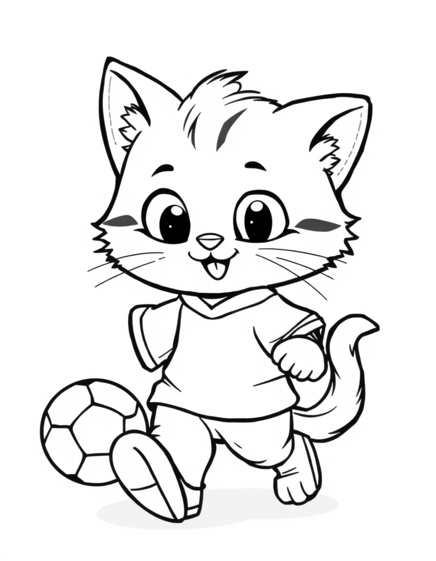 A cute cartoon-style kitten playing soccer designed for kids' coloring books. The kitten is cheerful and expressive with big friendly eyes and a playful pose wearing a small sports jersey with a socce