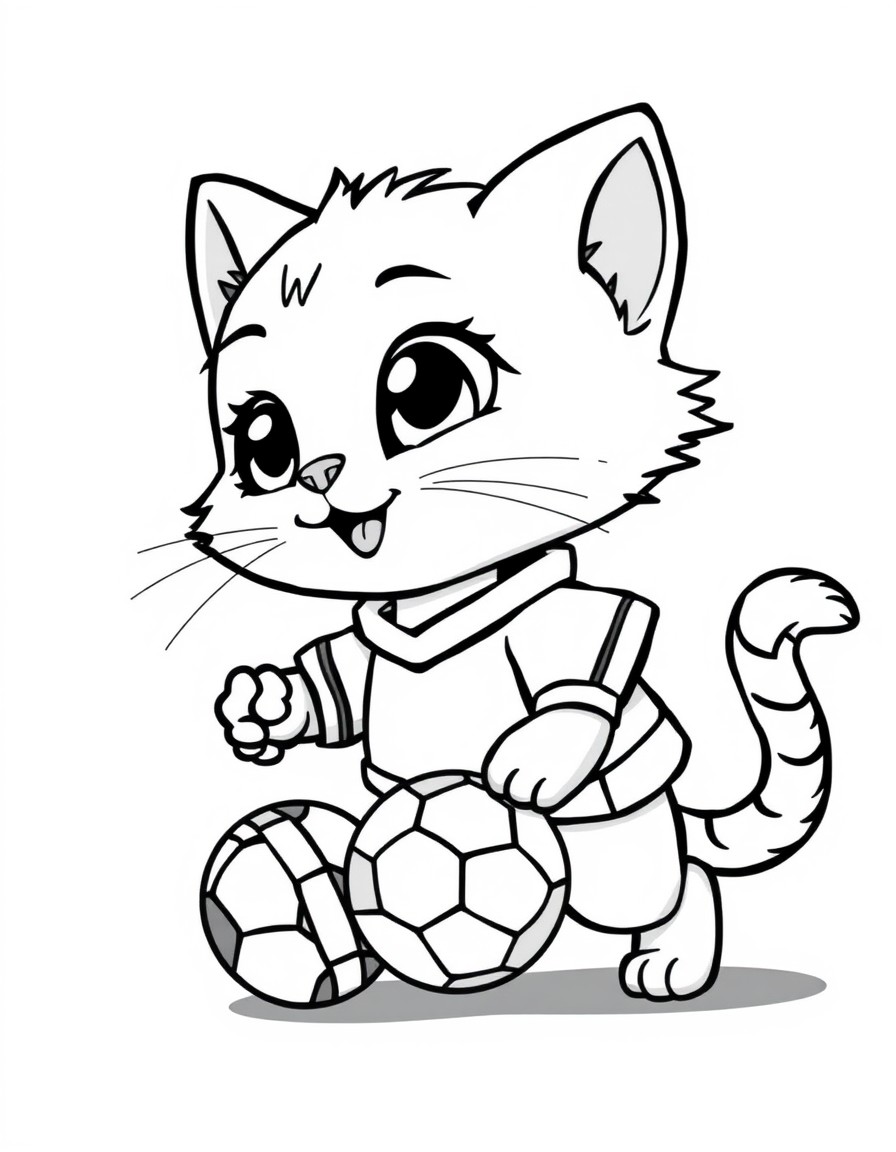 A cute cartoon-style kitten playing soccer designed for kids' coloring books. The kitten is cheerful and expressive with big friendly eyes and a playful pose wearing a small sports jersey with a socce