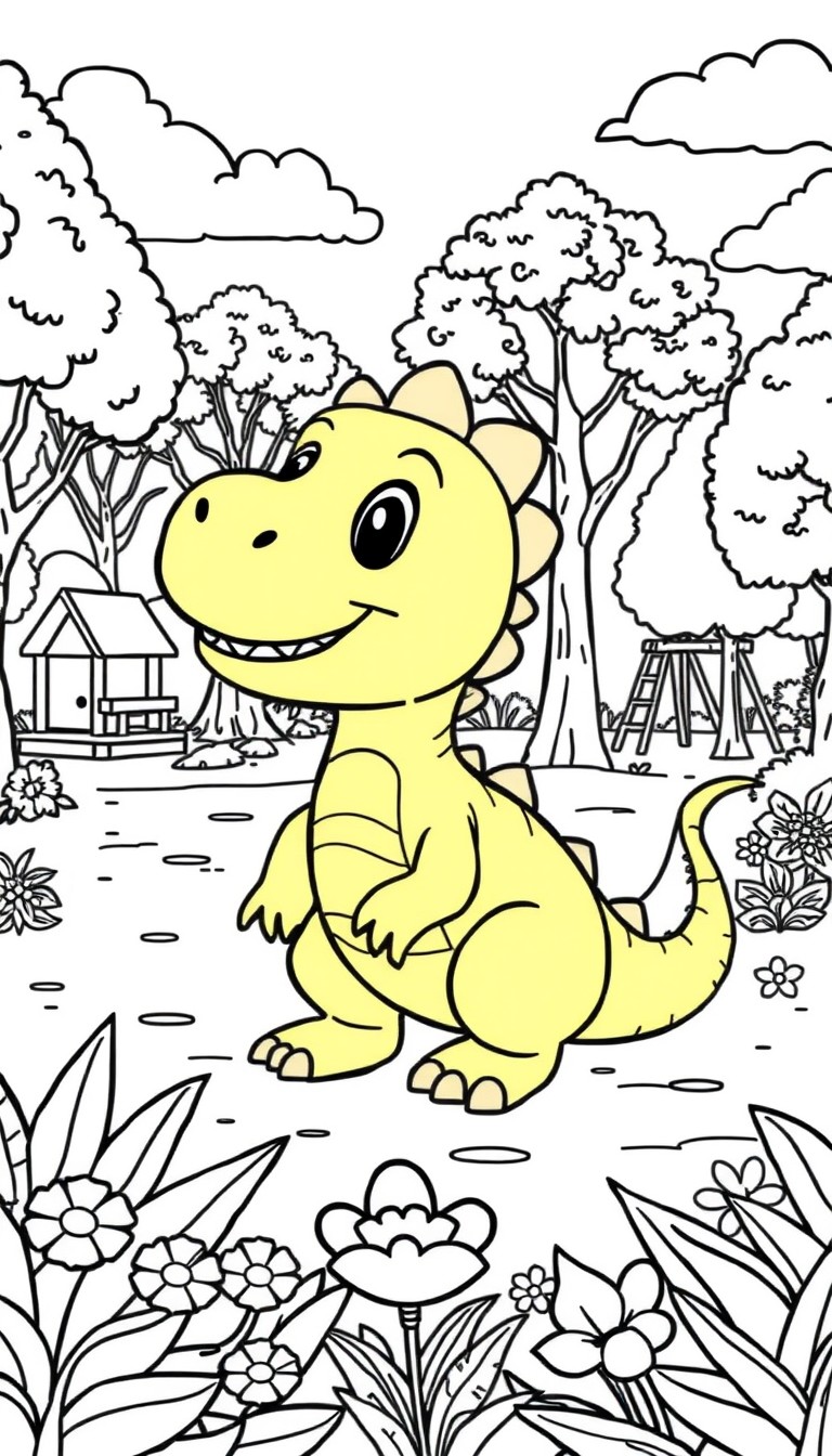 A coloring book page of a cute cartoon dinosaur playing in the park, with trees, flowers, and a playground in the background.