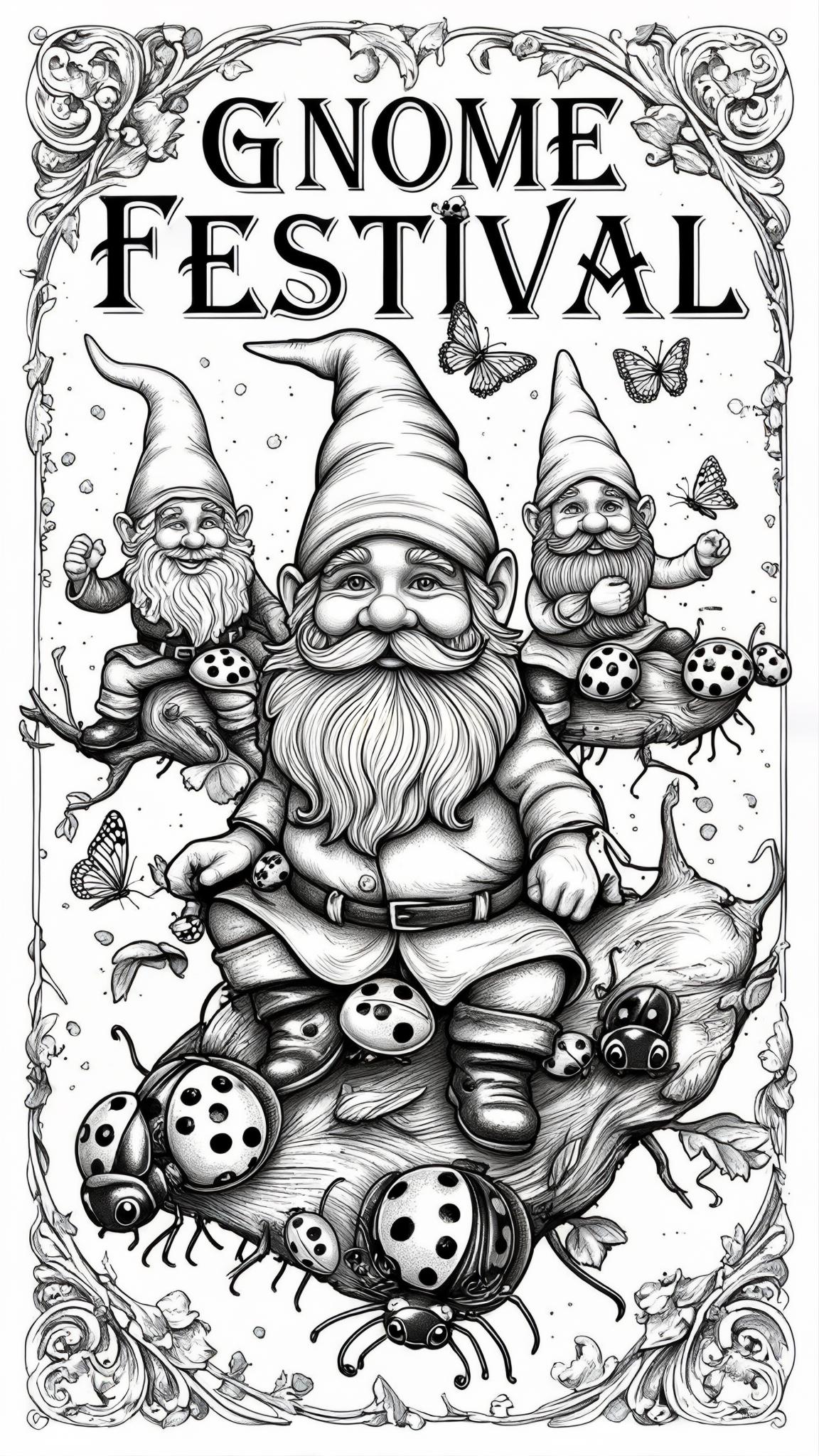 A garden gnome festival where gnomes ride on ladybugs and butterflies