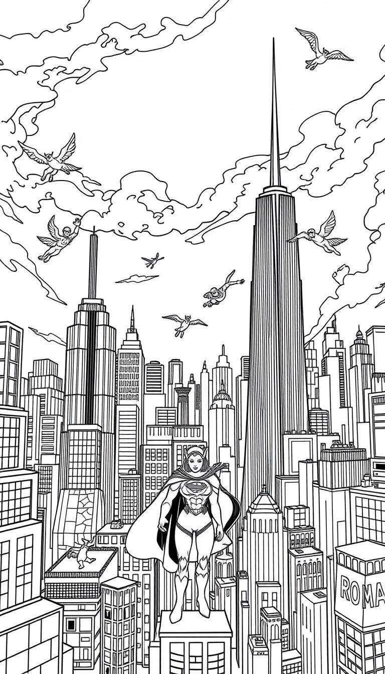 A black and white coloring book page of a superhero city, with skyscrapers, flying heroes, and supervillains.