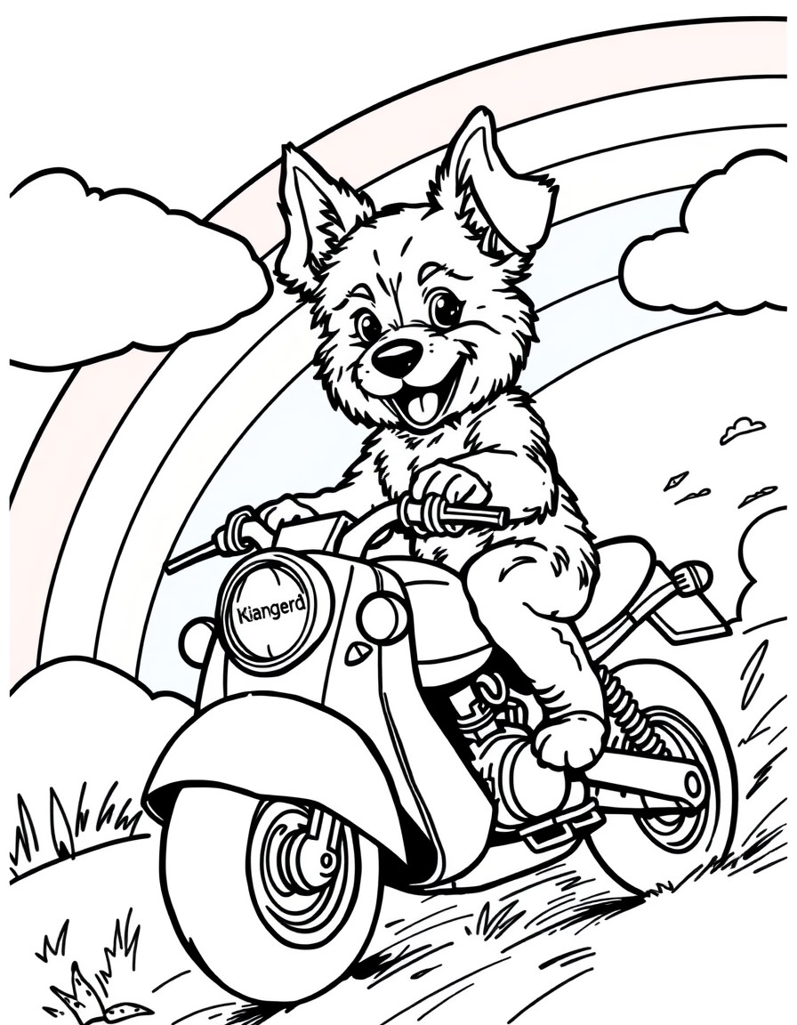 cute doggy riding a motor bike over a rainbow