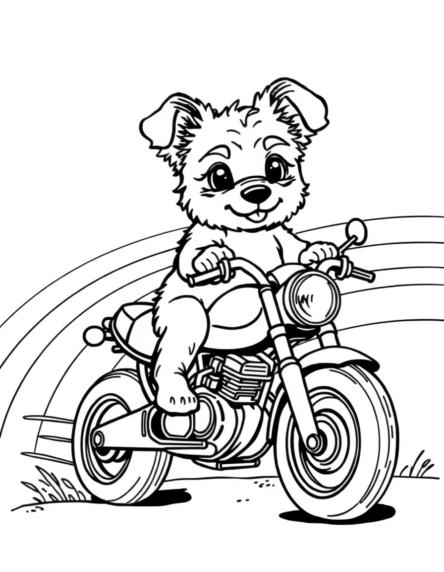 cute doggy riding a motor bike over a rainbow
