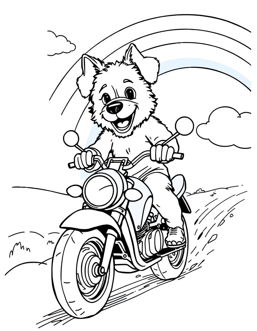 cute doggy riding a motor bike over a rainbow